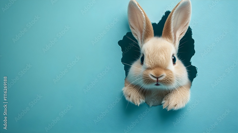 Obraz premium 3d render Bunny peeking out of a hole in blue wall, fluffy eared bunny easter bunny banner