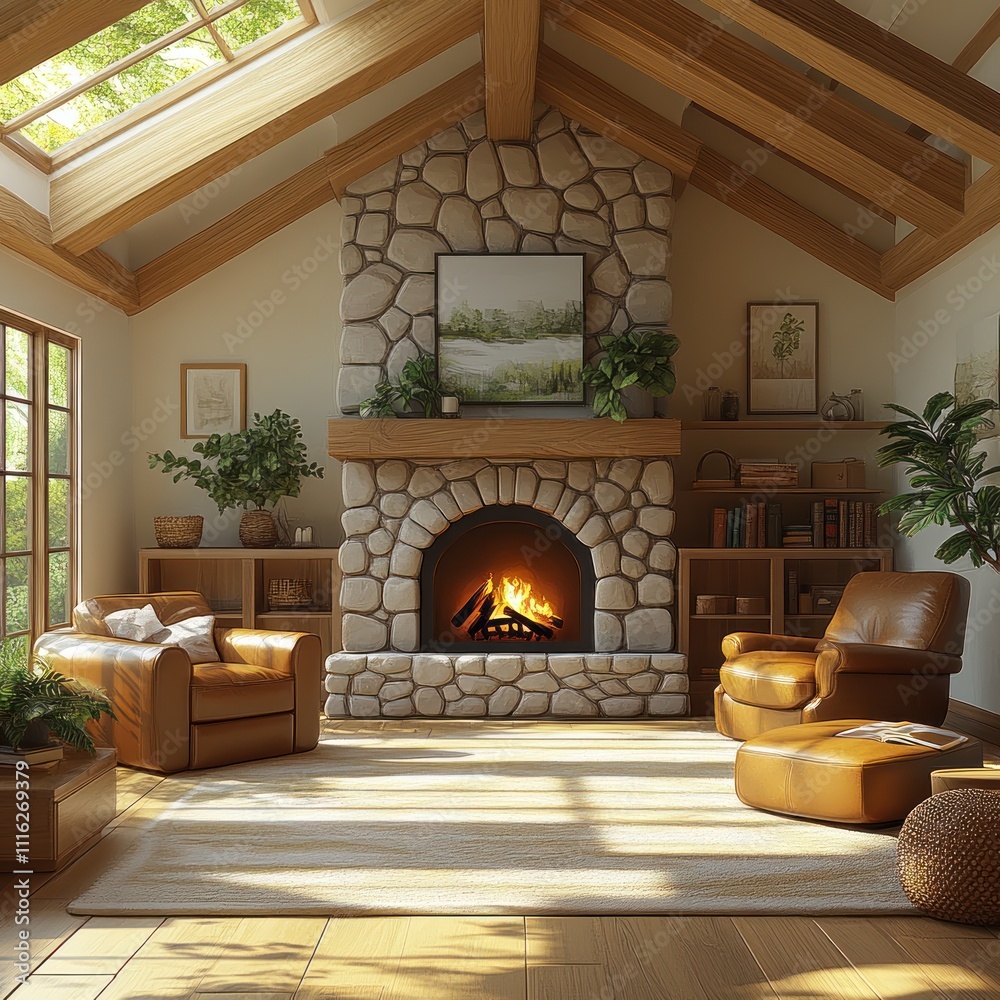Cozy living room with a fireplace, two armchairs, and a large window. Cozy living room with a fireplace, two armchairs, and a large window.