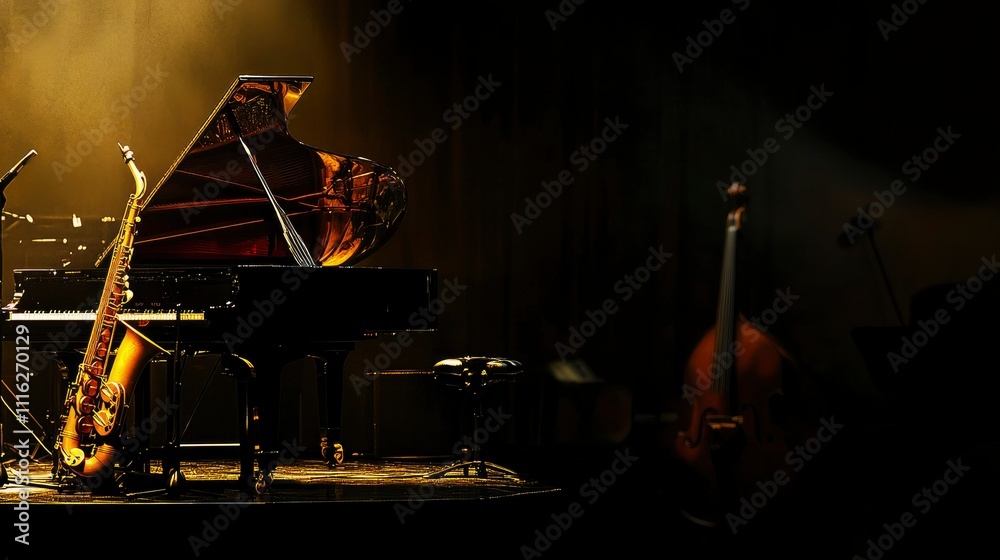Fototapeta premium Grand Piano, Saxophone, and Double Bass on Dark Stage - Jazz Music Concert Setup