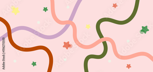 Abstract horizontal background with hand-drawn colorful wavy lines and stars. Pastel colored design template for greeting card, web banner, packaging, cover, print.