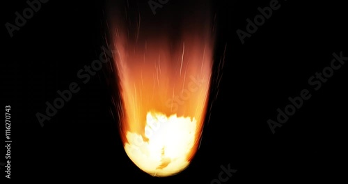 Dramatic descent of a fiery meteor lighting up the night sky over a quiet landscape