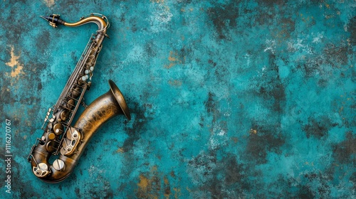 Wallpaper Mural Vintage Tenor Saxophone on Rustic Teal Background Torontodigital.ca