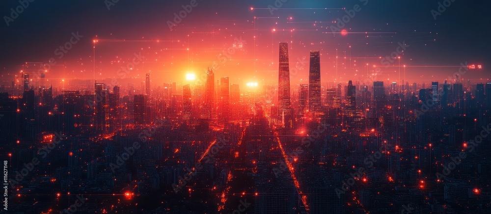 Fototapeta premium An aerial view of a city skyline with a red and orange glow. The city is lit up with lights, and there are many skyscrapers. The sky is a vibrant red and orange, and there are many stars in the sky.