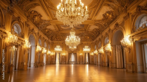 lavishly decorated ballroom with golden accents, sparkling chandeliers, rich fabrics, perfect for hosting elegant celebrations and events photo