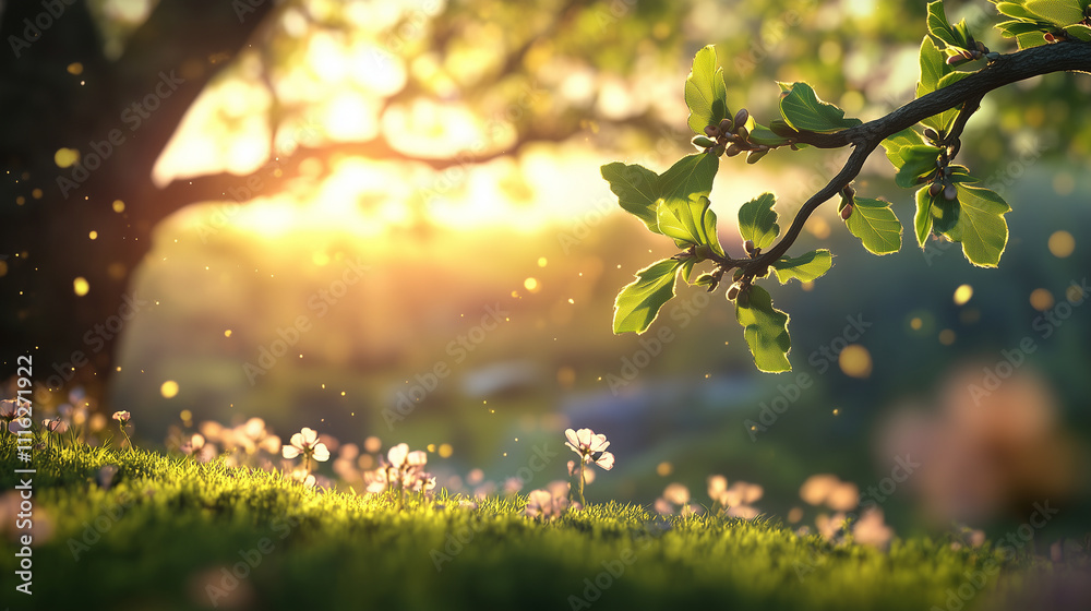 Obraz premium Vibrant green buds and fresh oak leaves emerging in springtime, bathed in golden sunlight with a blurred backdrop of blossoming flowers
