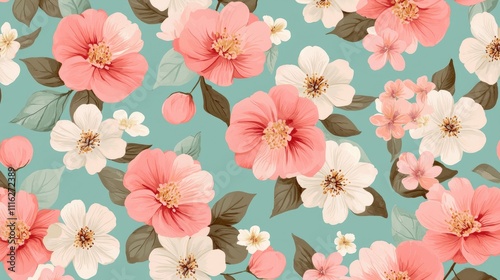 A vibrant floral pattern featuring pink and white flowers against a teal background, perfect for design or decor inspiration.