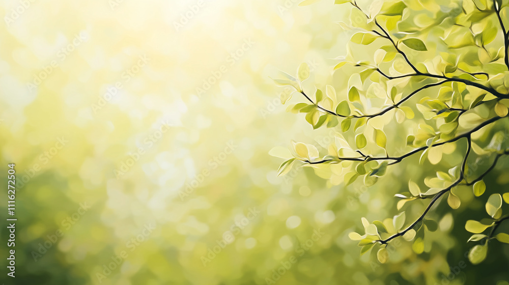 Obraz premium Delicate spring oak leaves tinged with yellow and light green, shimmering in soft golden sunlight
