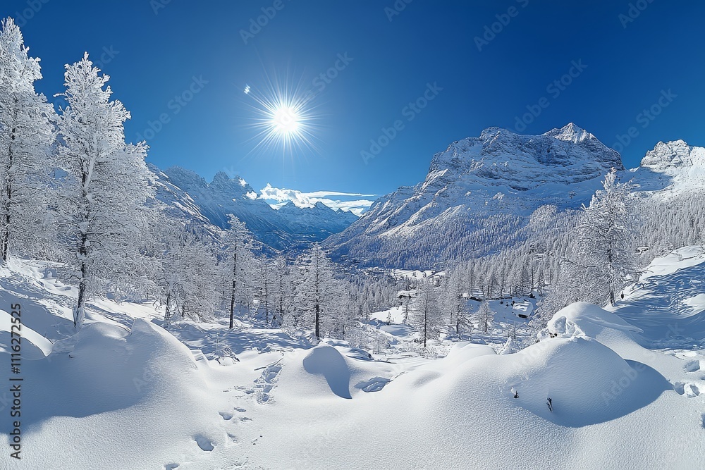 Fototapeta premium Panoramic view of snow-covered mountains, trees in white, mist, and bright sun, creating a cold and serene winter landscape under a blue sky.