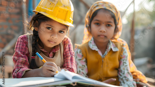 A little Desi Asian girl who works as a construction worker studies while her mother works