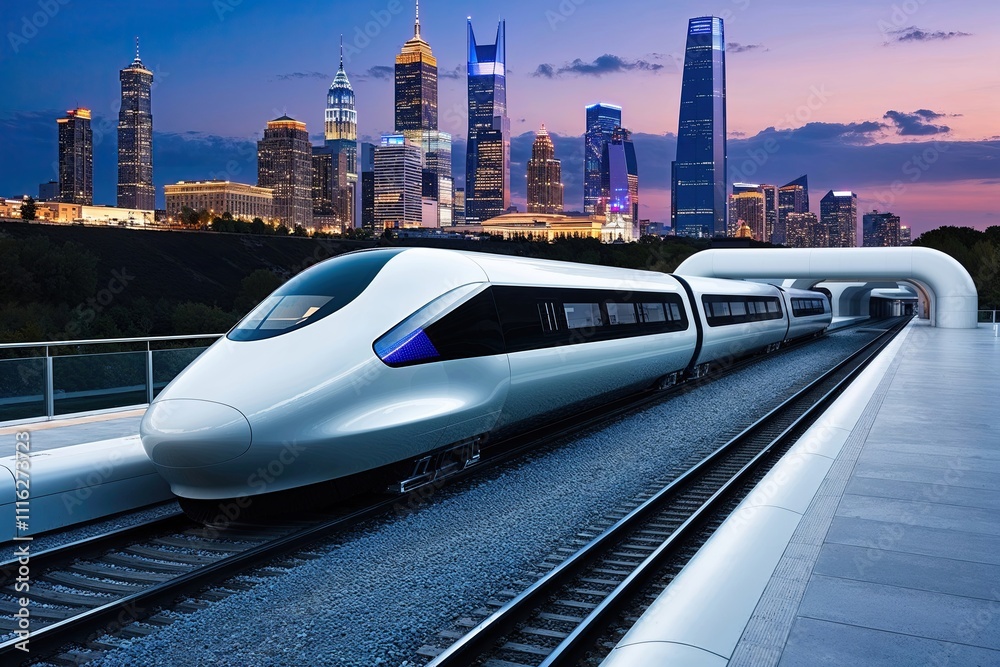 Naklejka premium Revolutionary Hyperloop Train at Futuristic Station with Striking Evening City View and Innovative Travel Concept