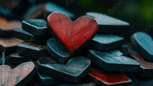 One Red Heart Among Many Dark Wooden Hearts photo