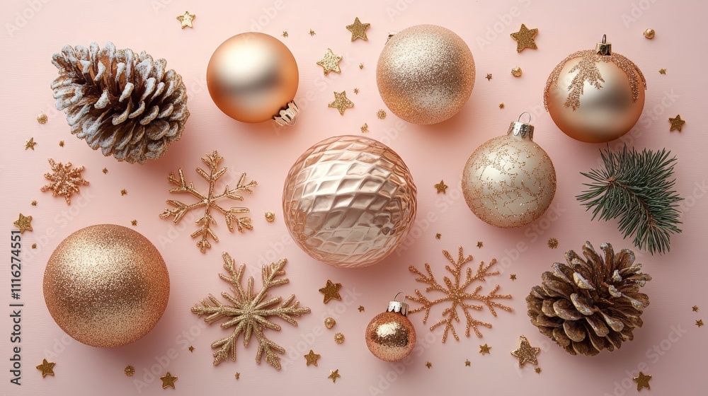 Gold baubles and snowflake on beige background Gold baubles and snowflake on beige background