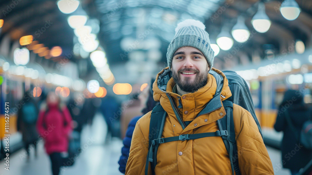 Traveler in winter clothes at a train terminal, radiating excitement, adventure, and anticipation for the journey ahead. travel, transportation, exploration, happiness of start of journey on station Traveler in winter clothes at a train terminal, radiating excitement, adventure, and anticipation for the journey ahead. travel, transportation, exploration, happiness of start of journey on station