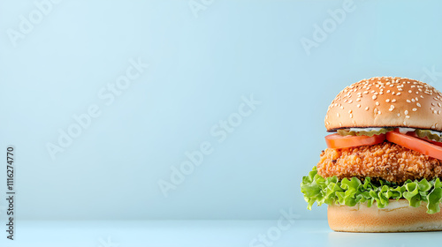 Top view of gourmet juicy barbecue chicken hamburger with bacon, salad onion rings. Delicious fresh handmade classic cheeseburger. Kraft fastfood for restaurant, cafe, bar and foodfestival. Copy space photo