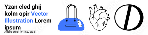 Blue handbag with tag, anatomical heart, and black circle with diagonal line. Ideal for fashion designs, healthcare themes, lifestyle choices, shopping, cardiology, restrictions and cautionary