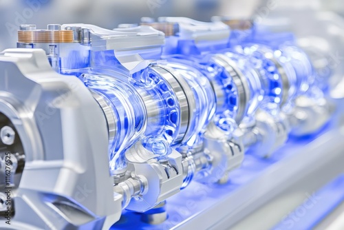 Close-up of a high-tech industrial machine component with illuminated blue details, AI photo