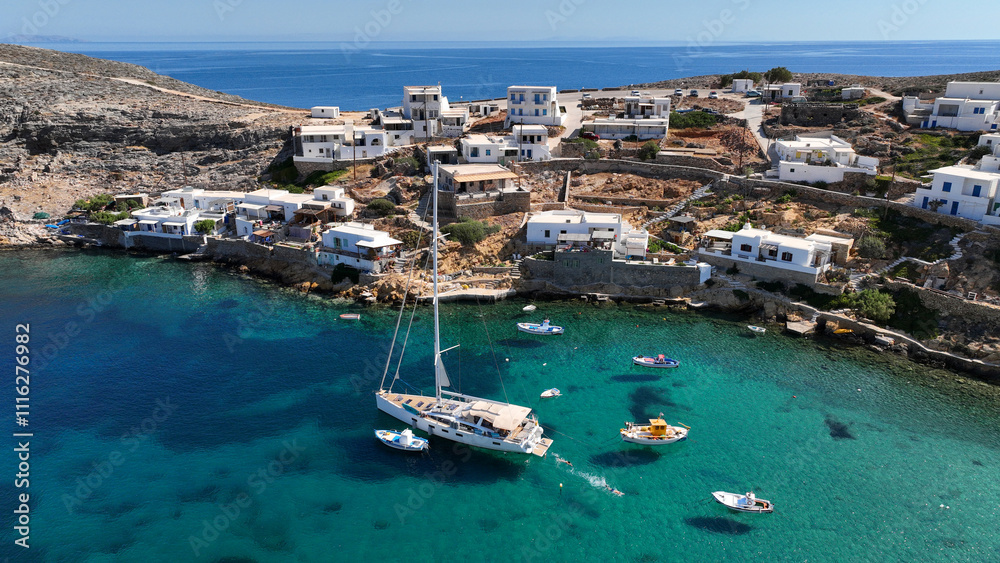 Aerial drone photo of scenic natural secluded fjord and small fishing village of Cheronisos in Northern part of Sifnos island, Cyclades, Greece Aerial drone photo of scenic natural secluded fjord and small fishing village of Cheronisos in Northern part of Sifnos island, Cyclades, Greece