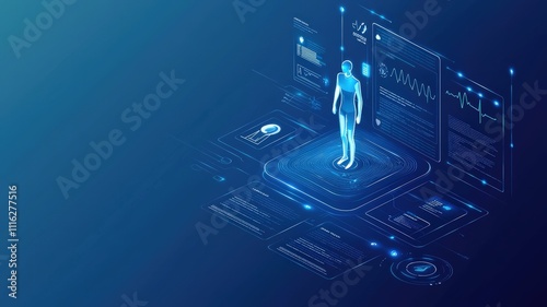 Health warning notification concept. Futuristic holographic health alert interface design for check up the body featuring glowing elements, ideal for tech and wellness applications.