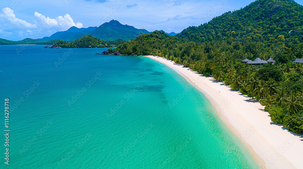Pristine tropical beach with turquoise waters and lush green mountains, perfect for relaxation and adventure seekers alike. Pristine tropical beach with turquoise waters and lush green mountains, perfect for relaxation and adventure seekers alike.