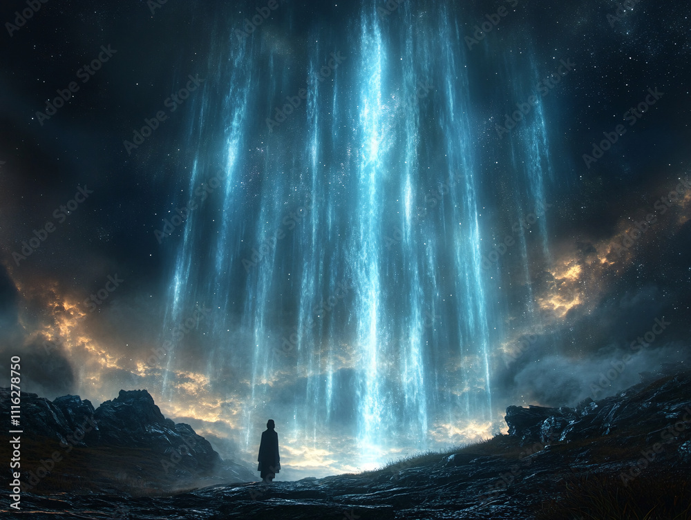 Obraz premium a person standing in a vast, dark landscape, with a magnificent, colorful, and fiery nebula-like structure towering above them. The scene is illuminated by the intense light emanating from the nebula,