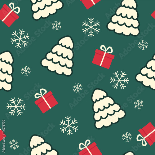 Christmas and New Year seamless pattern. Cute trees and gifts on a green background.