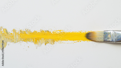 Paintbrush painting a yellow line on white surface 