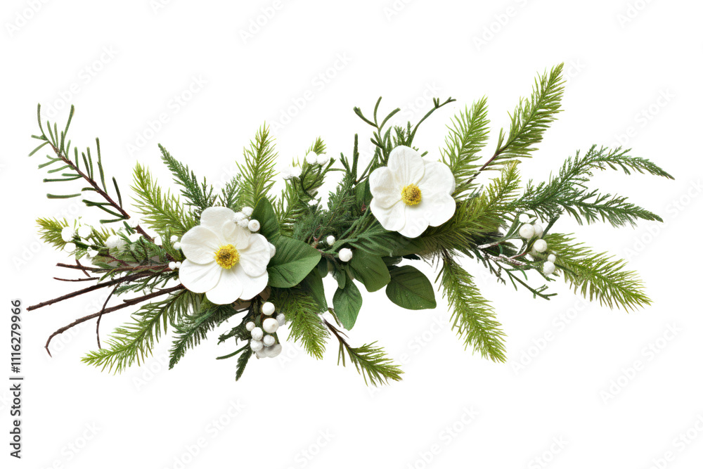 Obraz premium A fresh Christmas plant branch displaying a combination of emerald green leaves and tiny white flowers, surrounded by soft, fluffy pine needles.