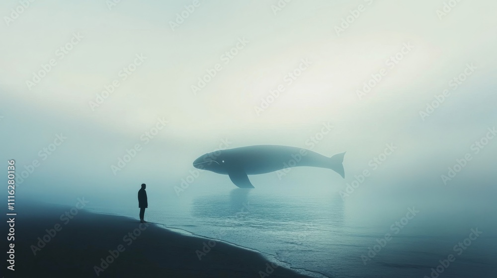 Fototapeta premium blank mockup template filled with a misty ocean at twilight, where a lone silhouette of a person stands on the shore, gazing at a glowing, ethereal whale soul rising from the sea, 
