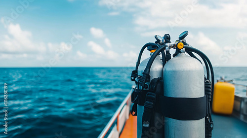 Scuba diving gear on a boat deck with a serene ocean backdrop, ready for underwater exploration on a sunny day. photo