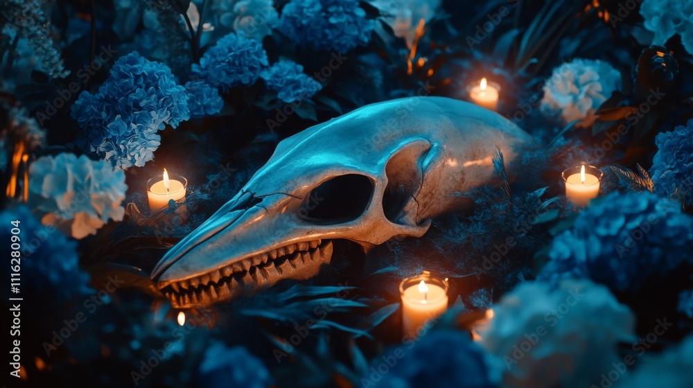 blank mockup template filled with a whale’s skull surrounded by glowing blue flowers and flickering candles, symbolizing the spirit of the whale, blank mockup template filled with a whale’s skull surrounded by glowing blue flowers and flickering candles, symbolizing the spirit of the whale,