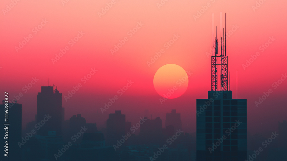 Obraz premium Silhouette of city skyline against a vibrant sunset, with towering skyscrapers and a glowing sun in the background.