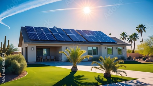 Modern Solar Panels Installed On a San Diego Home Under Clear Blue Sunny Sky, Solar Photography, Solar Powered Clean Energy, Sustainable Resources, Electricity Source