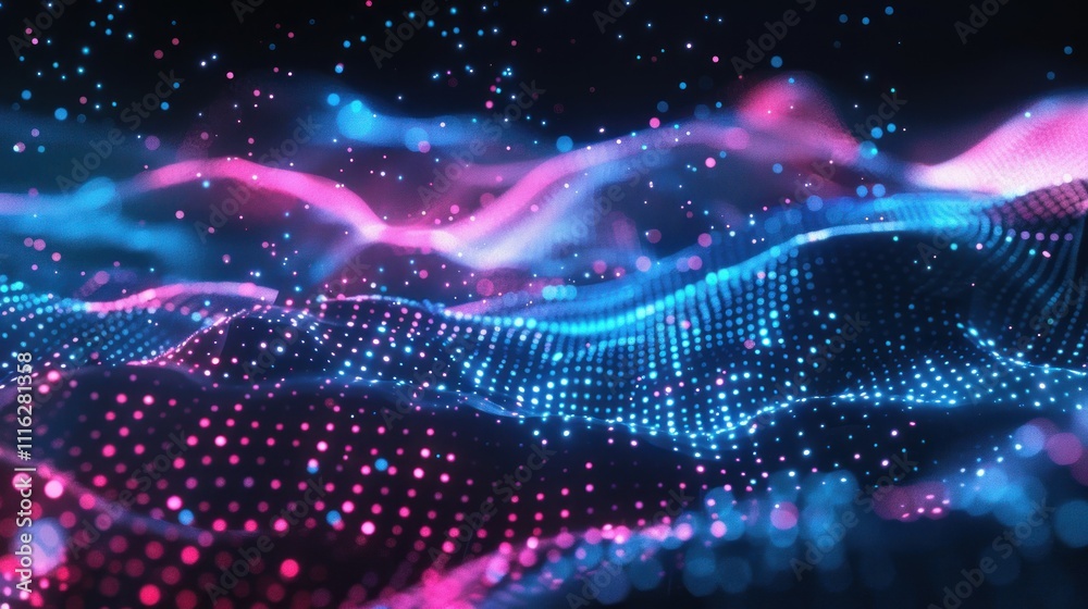 Obraz premium Abstract Digital Landscape with Blue and Pink Glowing Dots