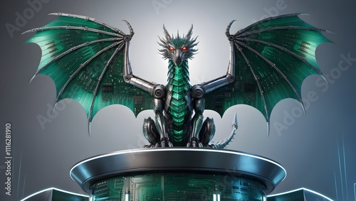 Futuristic Dragon with Metallic Scales and PCB-Inspired Wings, dragon , dragons , Futuristic, metallic , ai , artificial intelligent photo