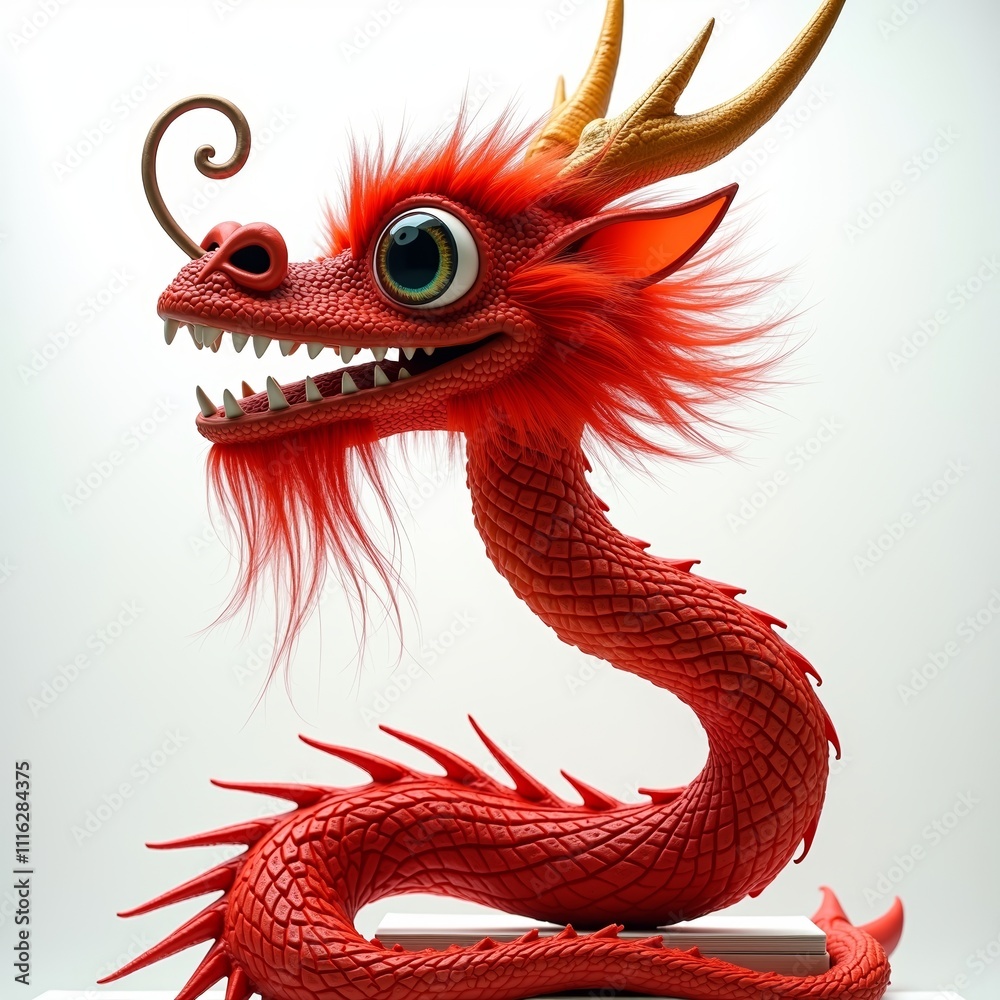 Fototapeta premium Whimsical red dragon sculpture with big eye and sharp teeth