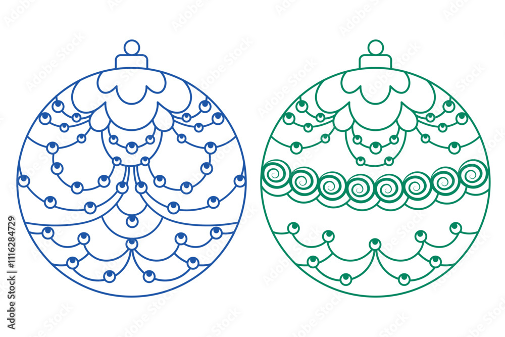 Obraz premium Ornate Christmas baubles with delicate line patterns in blue and green outline style