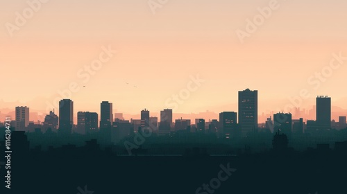 A minimalist pixel art design of a city skyline with simple geometric buildings and a clear sky