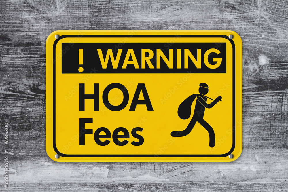 Yellow warning HOA fees with thief sign Yellow warning HOA fees with thief sign