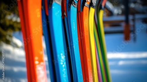 Brightly Colored Skis Stacked in Rack