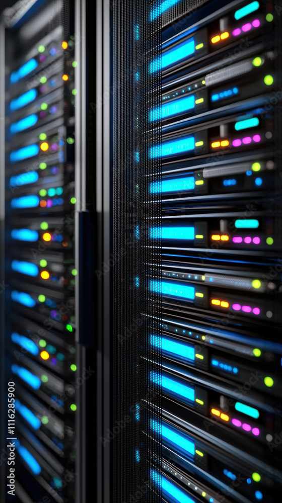 A close-up view of a server rack displaying illuminated panels and colorful indicators, showcasing modern data center technology. A close-up view of a server rack displaying illuminated panels and colorful indicators, showcasing modern data center technology.