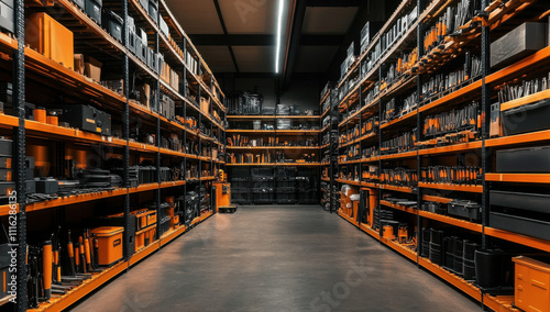 Wide-angle view of a hardware store aisle with shelves stocked with tools, paint cans, and construction materials in an indoor setting under fluorescent lighting
