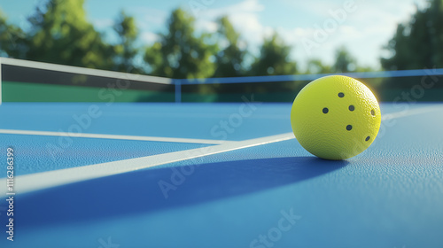 Small Yellow Pickleball with large background. Yellow Pickleball on the boundry line of pickleball court and large background that can easily be removed and replaced. Blue court area and green out of  photo