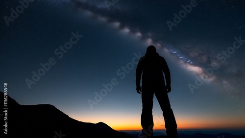 Milky way galaxy and silhouette of a standing man photo