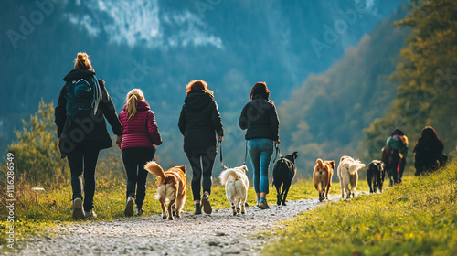 A group of dog owners walking together along a scenic mountain path.