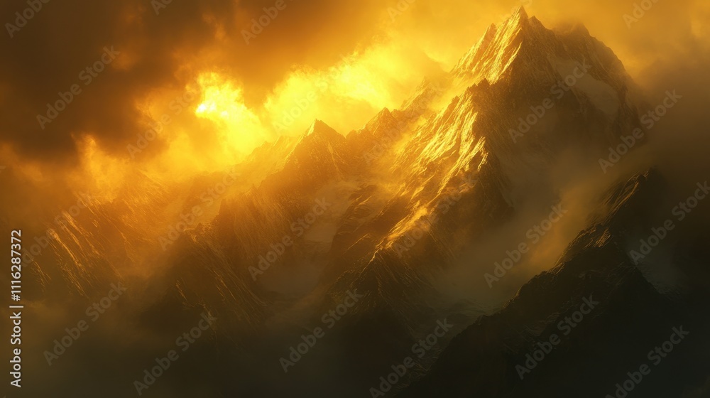 Naklejka premium Dramatic Golden Smoke Rising from Majestic Mountains