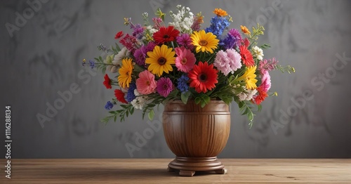 Wallpaper Mural A bouquet of colorful flowers in a vase on a wooden pedestal, vase, vibrant Torontodigital.ca