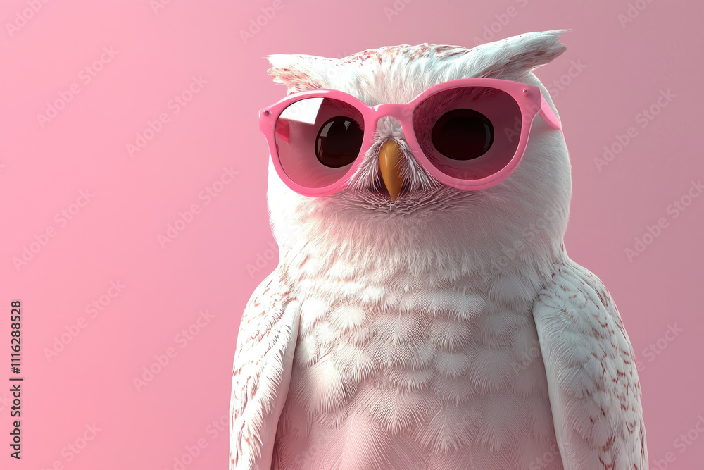 Obraz premium White owl with pink sunglasses on pink background.