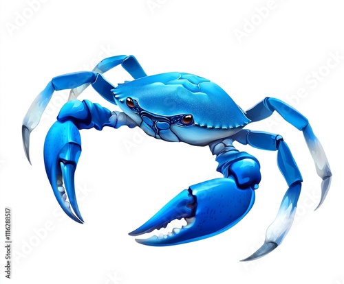 A vibrant full-body illustration of a blue crab set against a clean white background.
