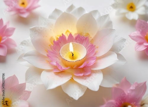 Delicate flower pattern with multiple layers of soft pink and white hues surrounding a small yellow diya on a crisp white background, floral, delicate, hued photo