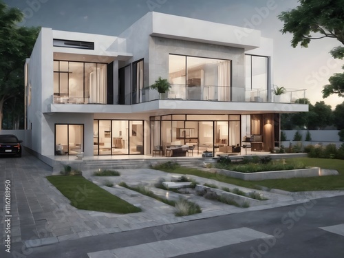 Modern house with large windows white color real estate 